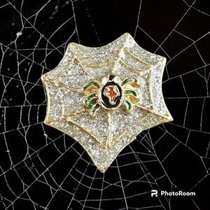 Vintage Sparkly Rhinestone Spider Web Halloween Gold-tone Brooch Pin